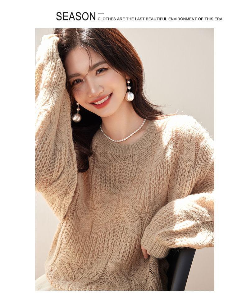 Crew Neck Plain Cable Knit Sweater Product Image