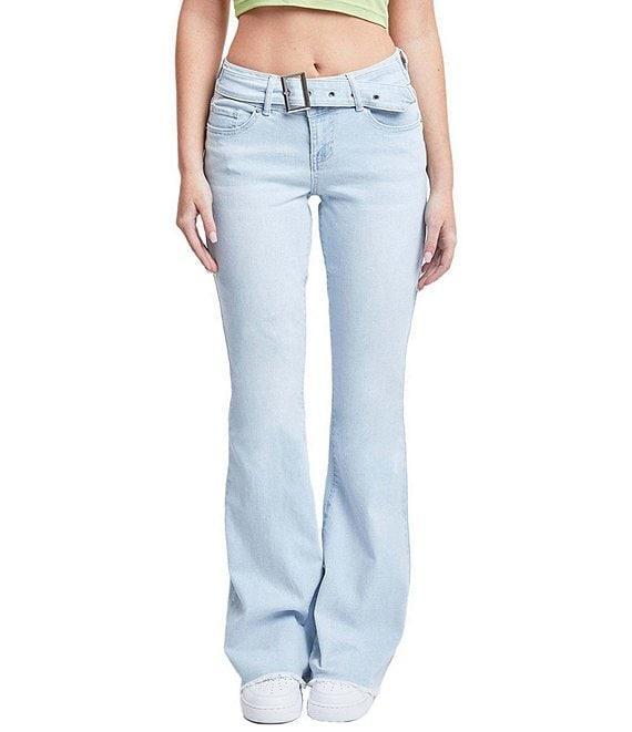 YMI Jeanswear Low Rise Denim Belt Frayed Hem Flare Jeans Product Image