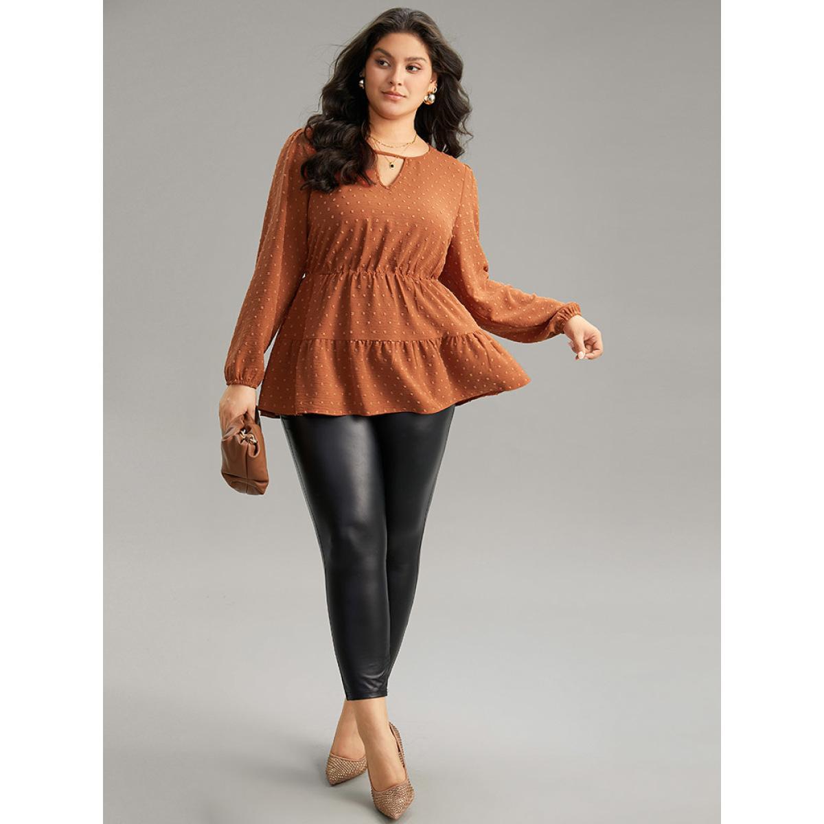 Plus Size Rust Textured Keyhole Ruffle Layered Hem Blouse Women Office Long Sleeve Keyhole Cut-Out Work Blouses BloomChic 22-24/3X Product Image