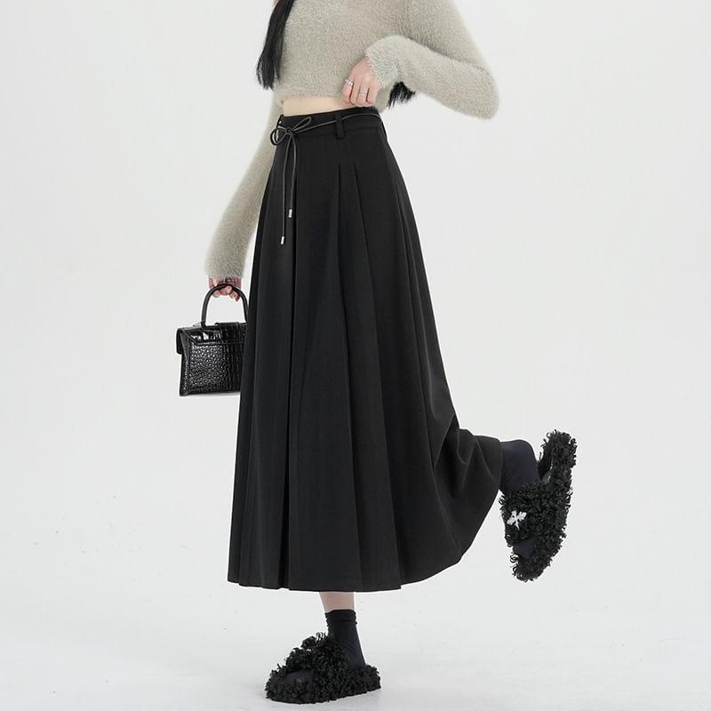 High-Waist Plain A-Line Midi Skirt Product Image