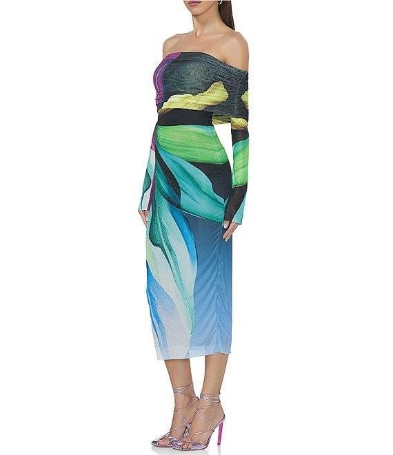 AFRM Cornelia Printed Off the Shoulder Long Sleeve Mesh Midi Dress Product Image