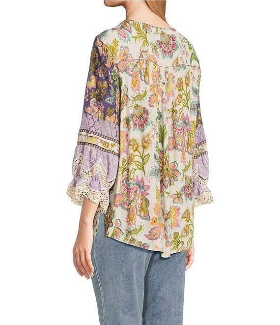 John Mark Embroidered Floral Split Tassel Tie Neck 3/4 Ruffle Sleeve Peasant Top Product Image