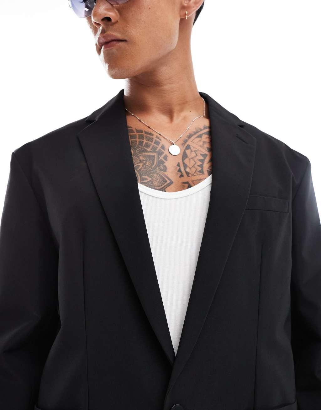 ASOS DESIGN relaxed tech suit jacket in black Product Image
