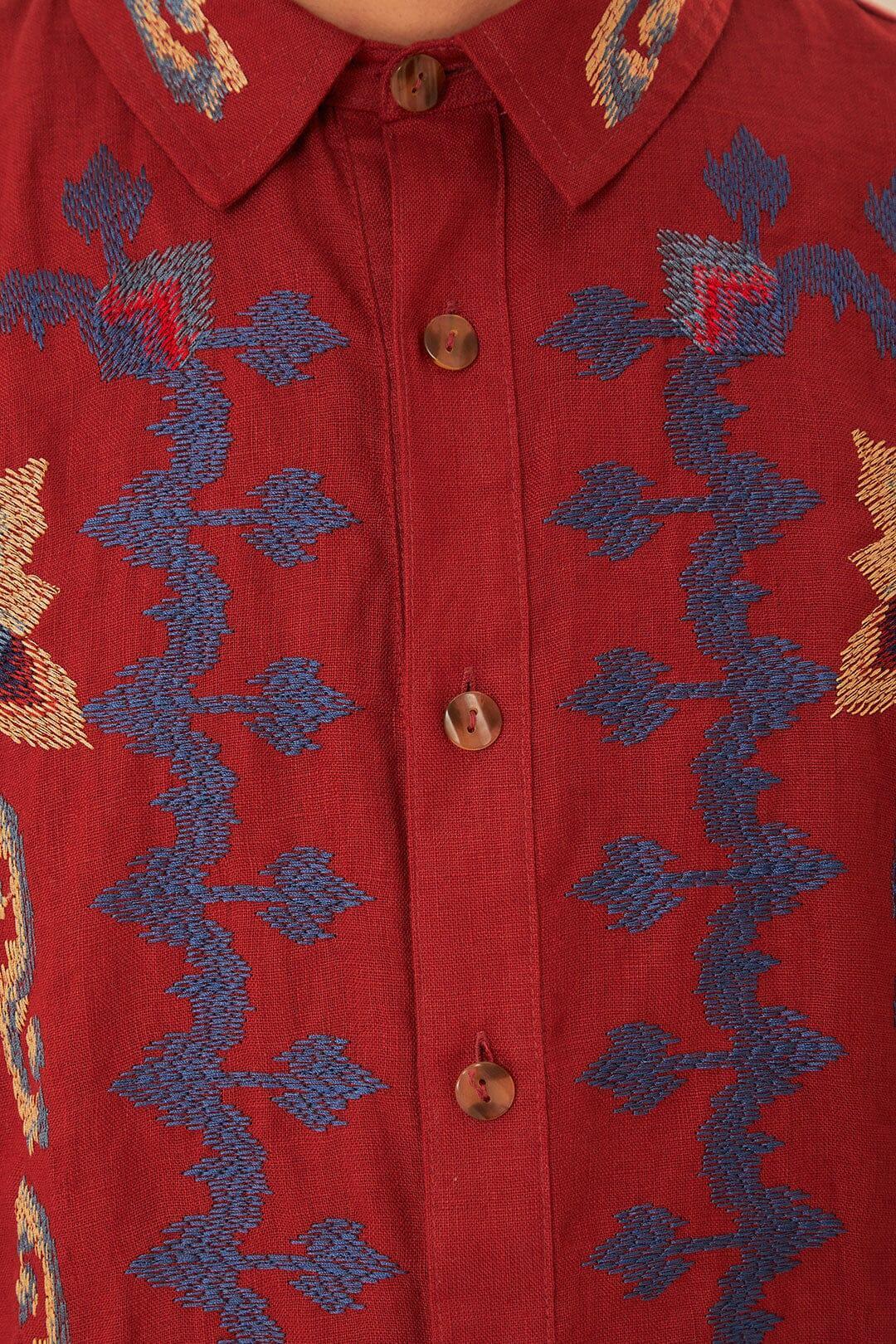 Red Floral Embroidery Jacquard Shirt, BURGUNDY / L Product Image