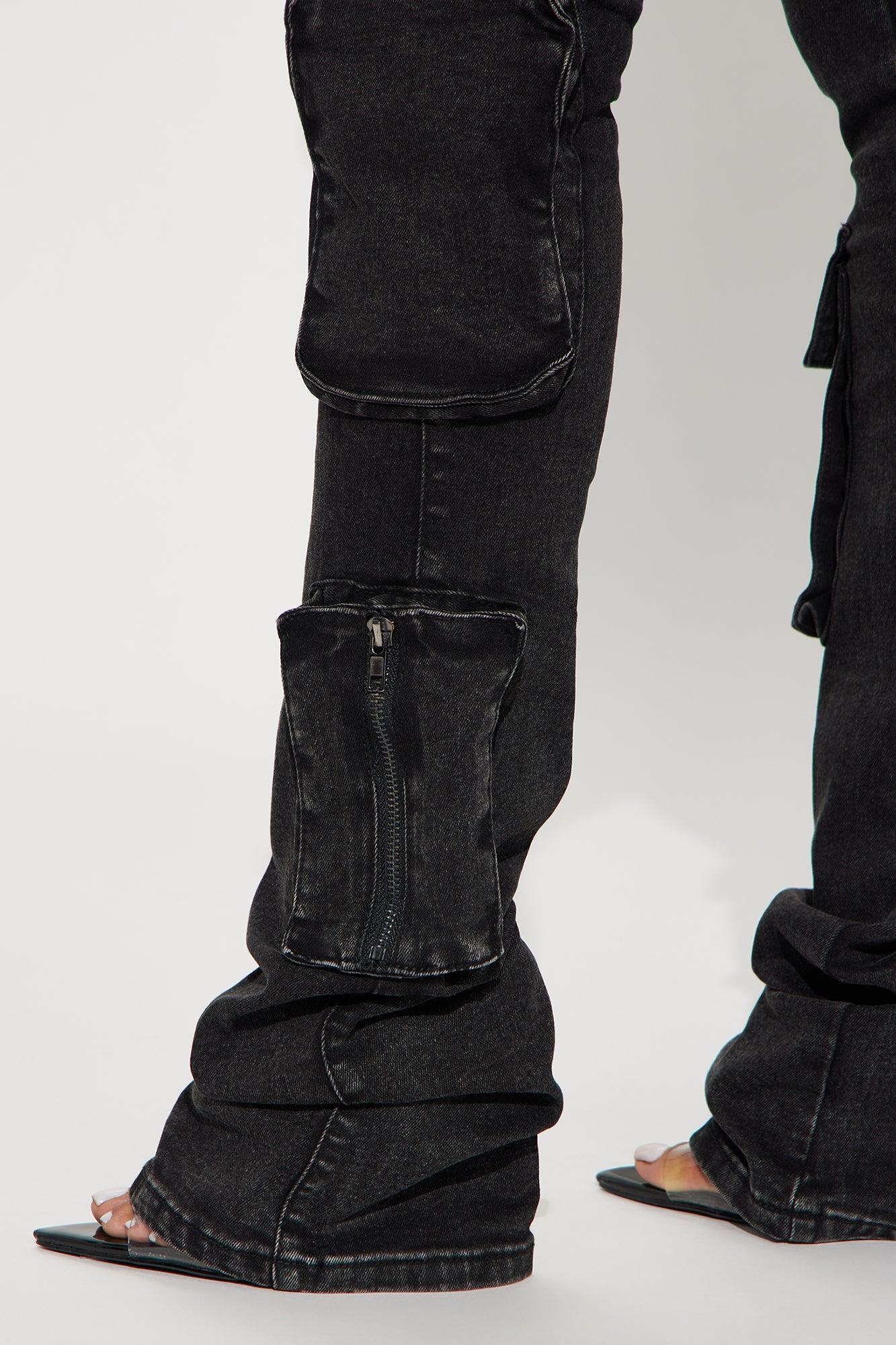 Doing Too Much Tinted Cargo Bootcut Jeans - Black Wash Product Image
