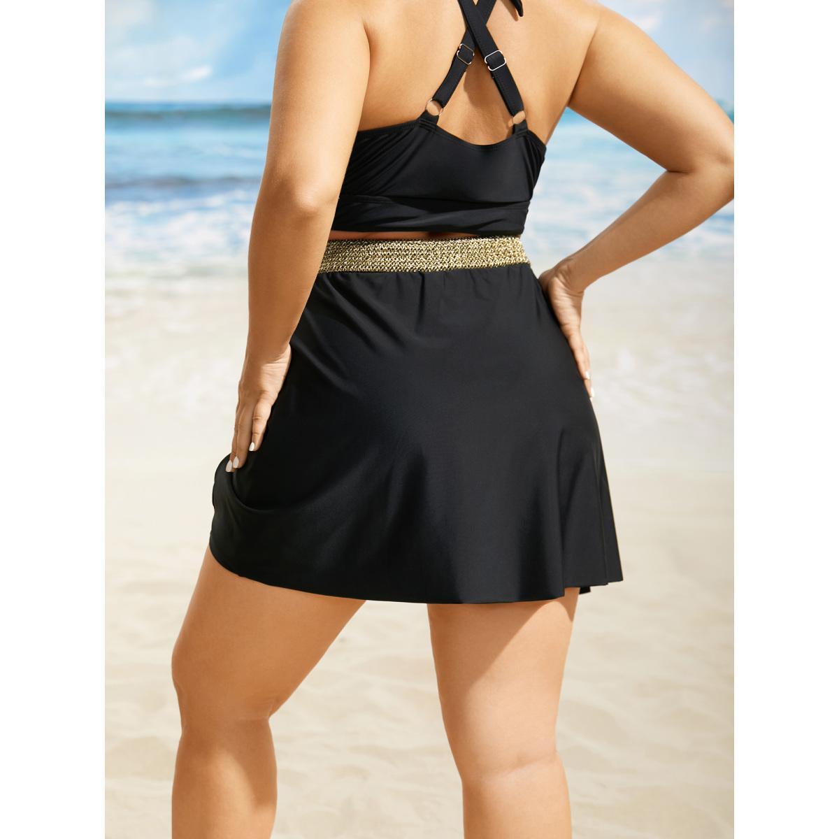 Plus Size Contrast Webbing Patchwork Drawstring Gathered Swim Bottom Women's Swimwear Black Beach Woven ribbon&lace trim High stretch Skinny High Rise Side seam pocket Curve Swim Bottoms BloomChic 28/5X Product Image