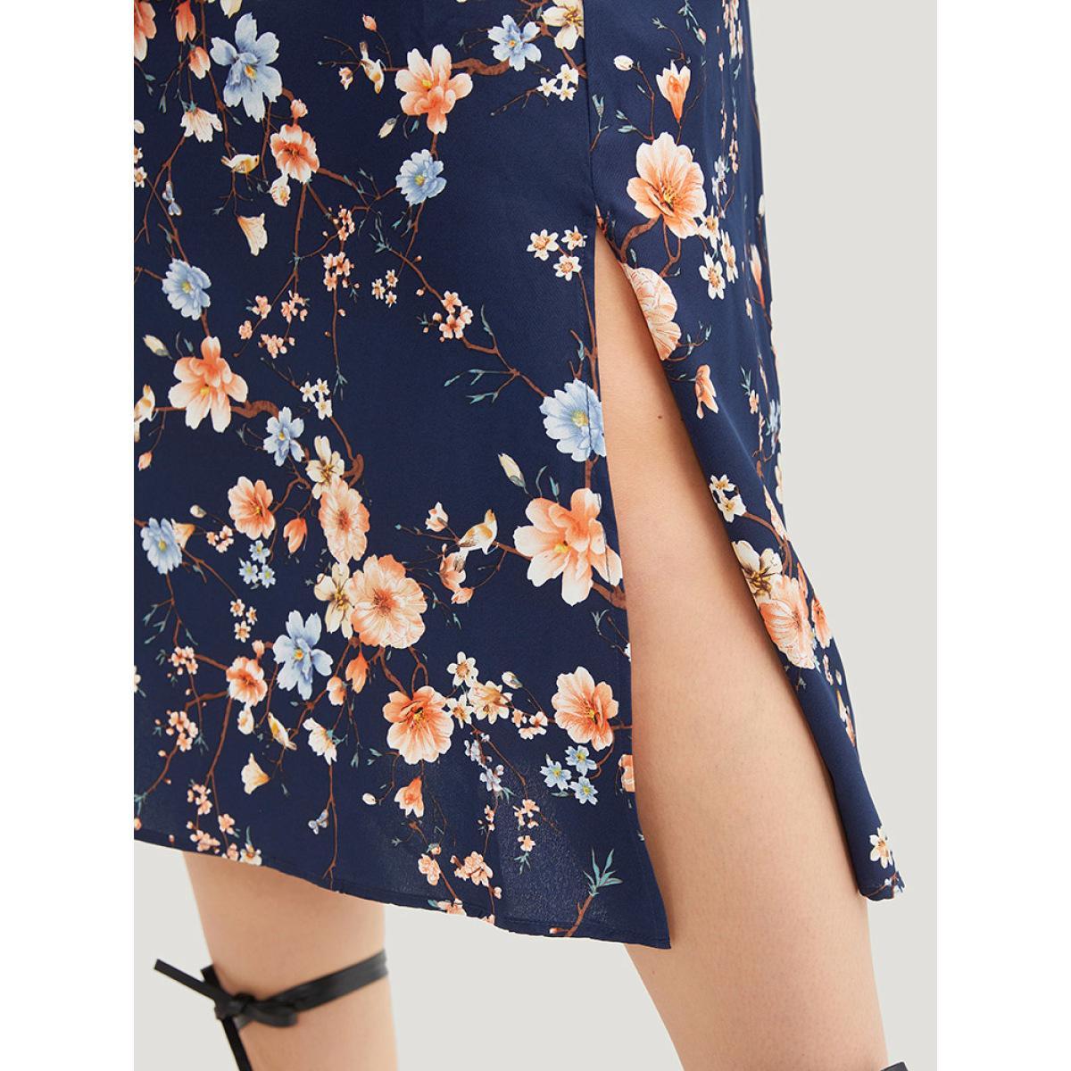 Plus Size Floral Ties Square Neck Gathered Split Hem Dress Indigo Women Elegant Elastic cuffs Square Neck Long Sleeve Curvy Midi Dress BloomChic 10/M Product Image