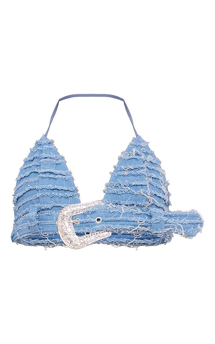 Blue Denim Extreme Distressed Diamante Buckle Halterneck Top Product Image