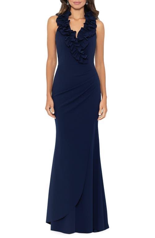 XSCAPE Long Scuba Crepe V-Neck Ruffle Women's Dress Product Image