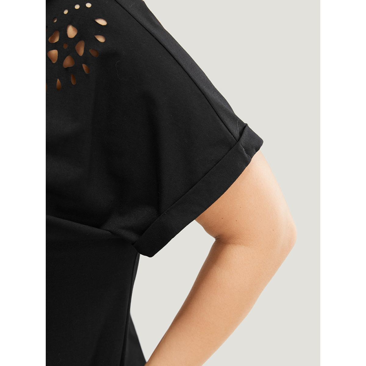 Plus Size Solid Roll Batwing Sleeve Laser Cut T-shirt Black Women Elegant Plain Round Neck Dailywear T-shirts BloomChic 14-16/1X Product Image