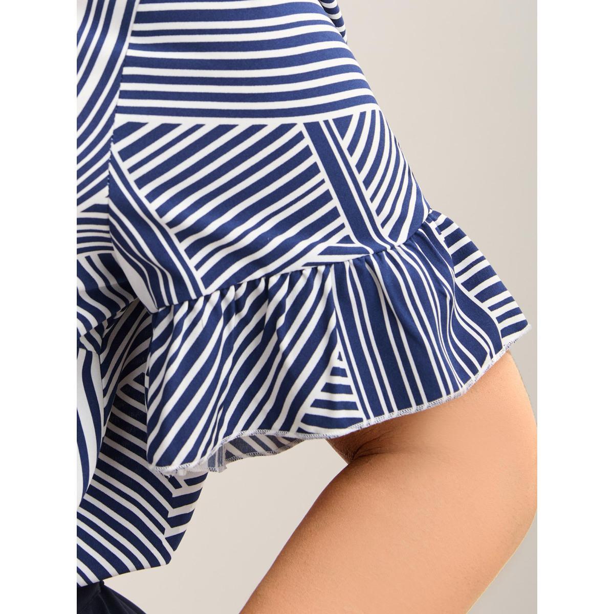 Plus Size Indigo Abstract Print Lotus Leaf Sleeve Blouse Women Work From Home Short sleeve Round Neck Work Blouses BloomChic 10/M Product Image