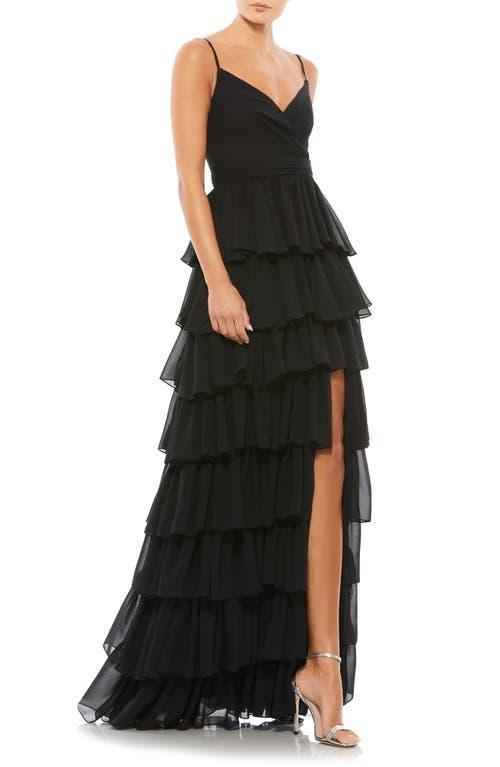 Mac Duggal Tiered Ruffle V-Neck Sleeveless V-Back Thigh High Slit A Product Image