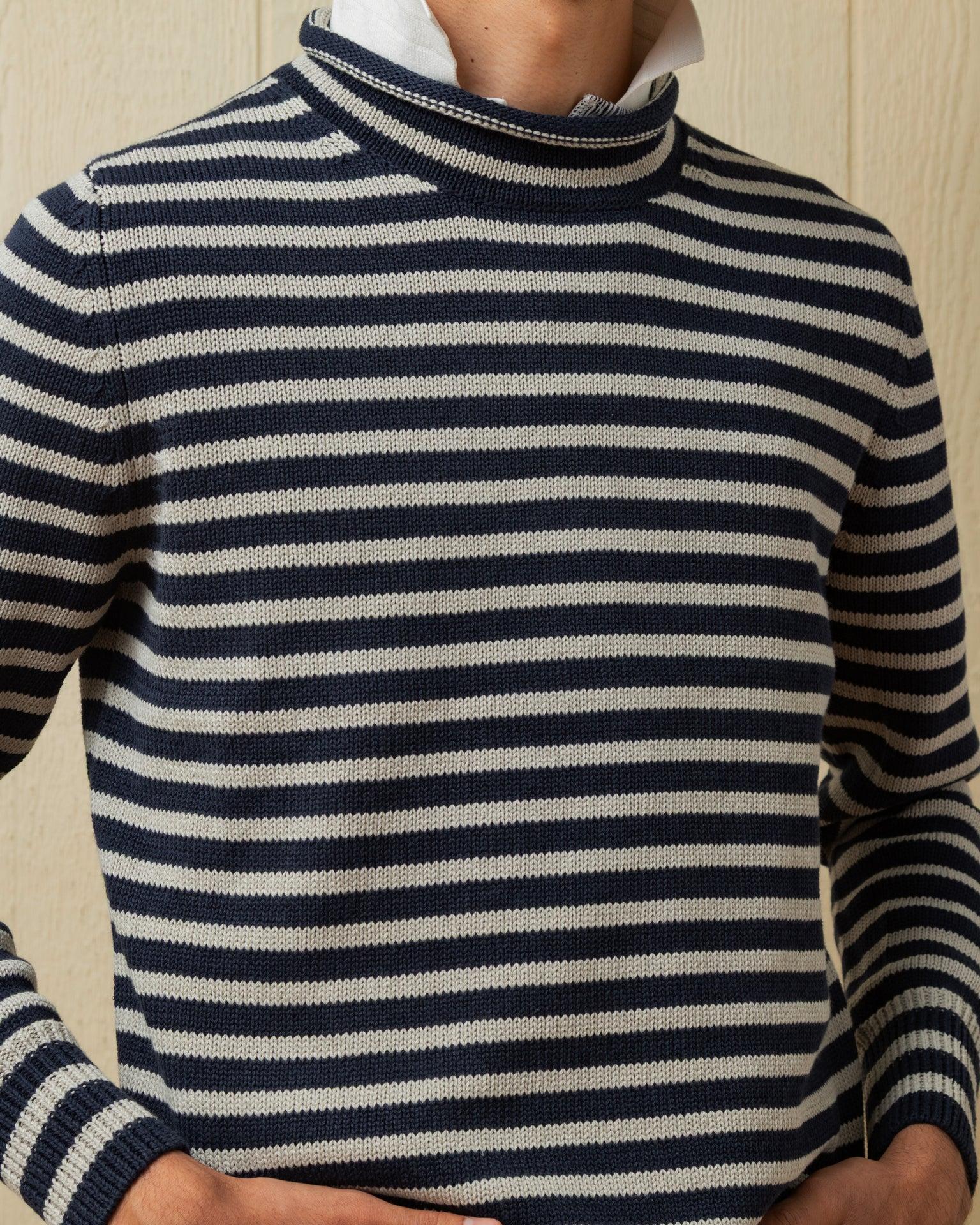 Cotton/Linen Fisherman's Sweater in Navy/Grey Even Stripe Product Image