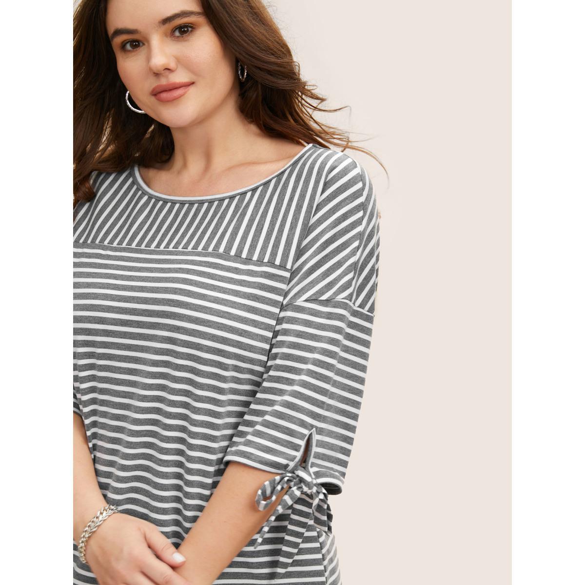 Plus Size Striped Boat Neck Tie Knot T-shirt DimGray Women Casual Tie knot Boat Neck Everyday T-shirts BloomChic 22-24/3X Product Image