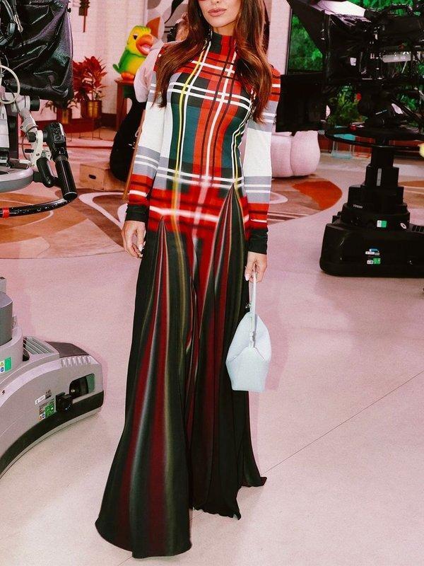 Long Sleeves Contrast Color Pleated Mock Neck Maxi Dresses Product Image