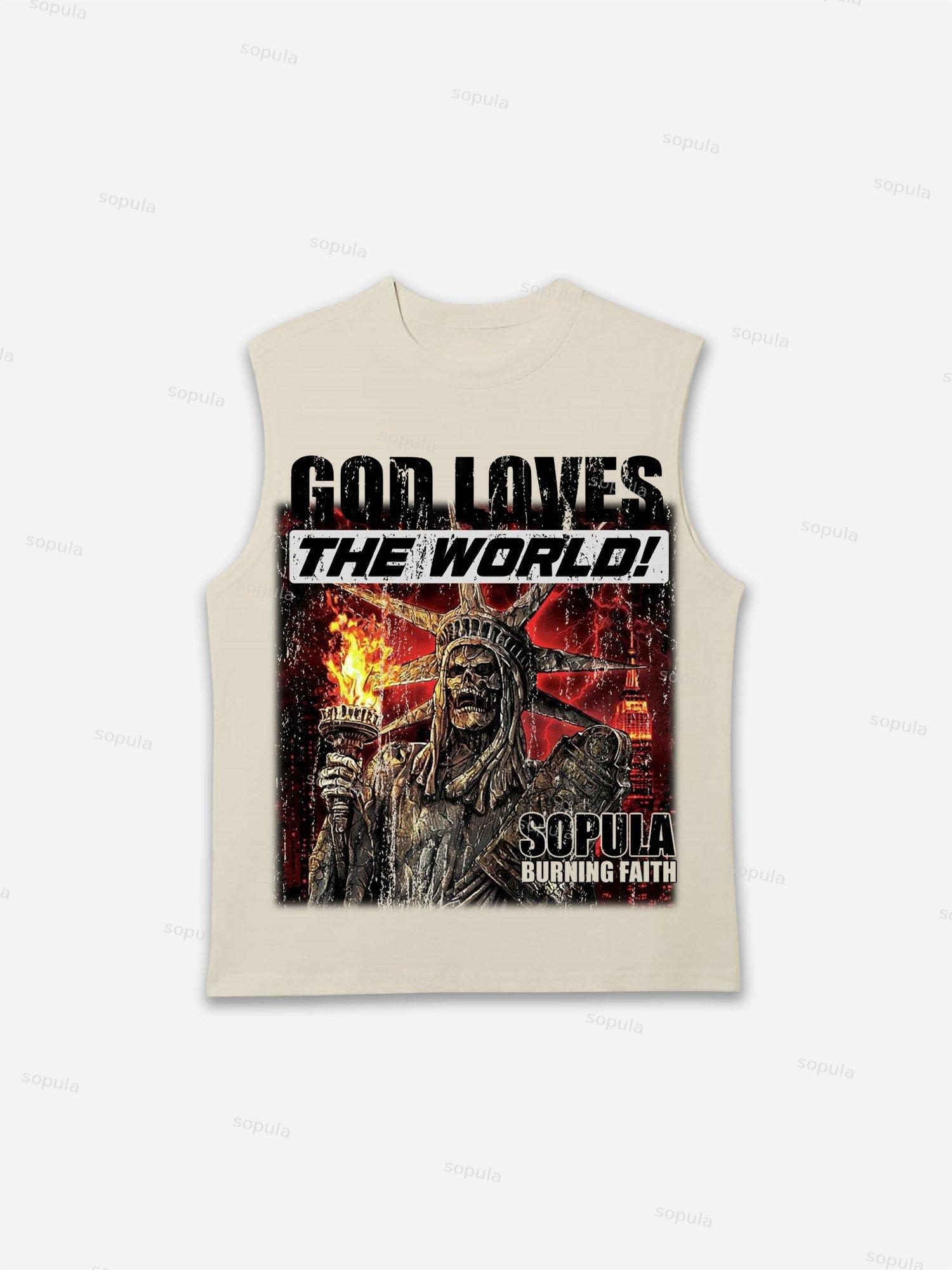 God Loves The World Burning Skull Statue Of Liberty Vintage Graphic Tank Top Product Image
