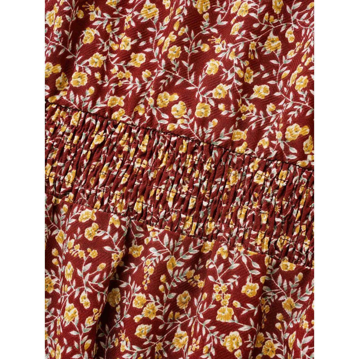 Plus Size Ditsy Floral Shirred Frill Trim Dress Burgundy Women Elegant Frill Trim Mock Neck Long Sleeve Curvy BloomChic 18-20/2X Product Image