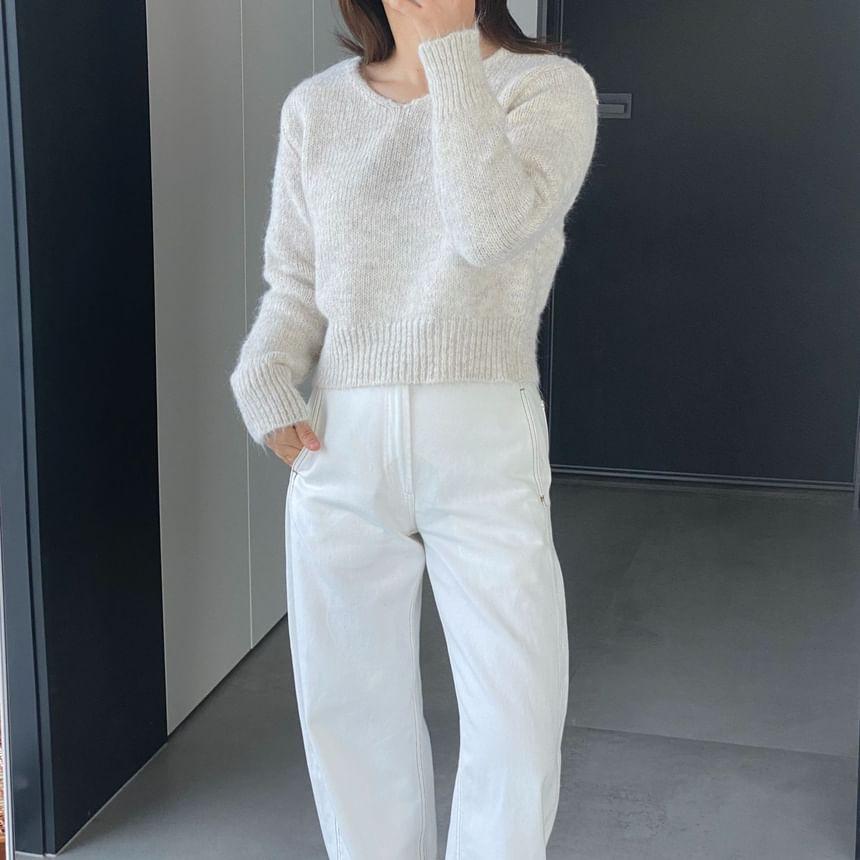 V-Neck Plain Fluffy Cropped Sweater Product Image