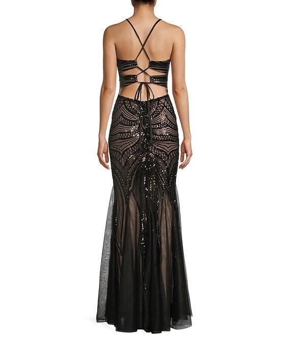 B. Darlin Sequin Pattern V-Neck Spaghetti Strap Lace Up Back Dress Product Image