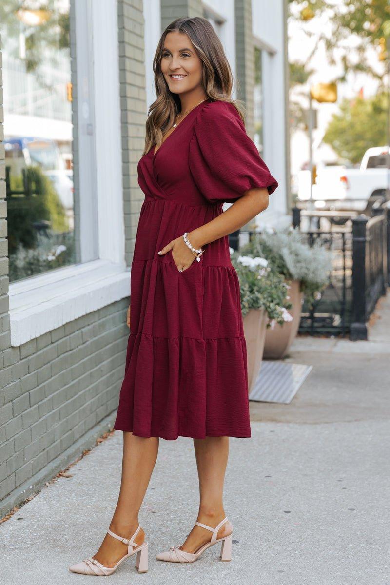 Wine Tiered Midi Wrap Dress - FINAL SALE Female Product Image