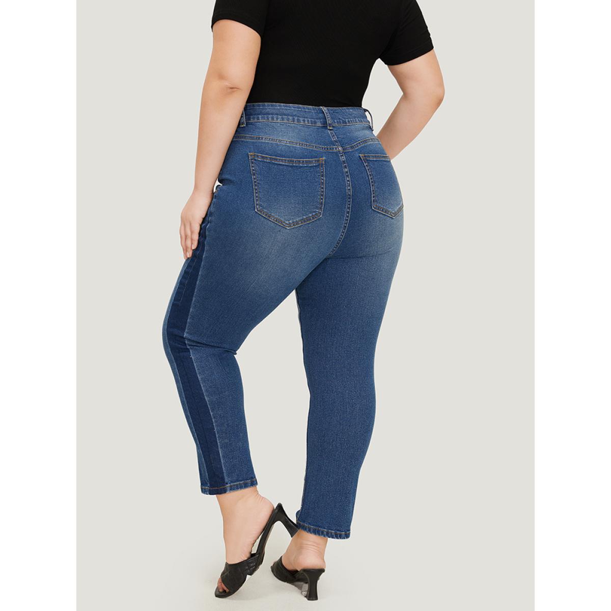 Plus Size Very Stretchy High Rise Medium Wash Contrast Patchwork Jeans Women Blue Casual Patchwork Contrast High stretch Pocket Jeans BloomChic 22/3X Product Image