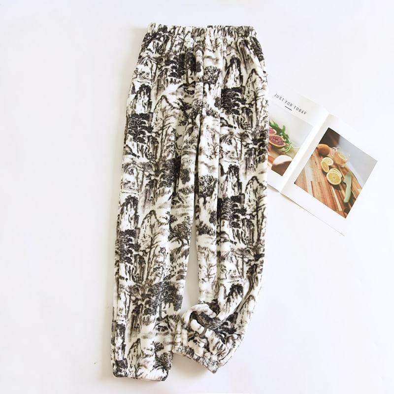 Elastic Waist Mountain Print Fleece Pajama Pants Product Image