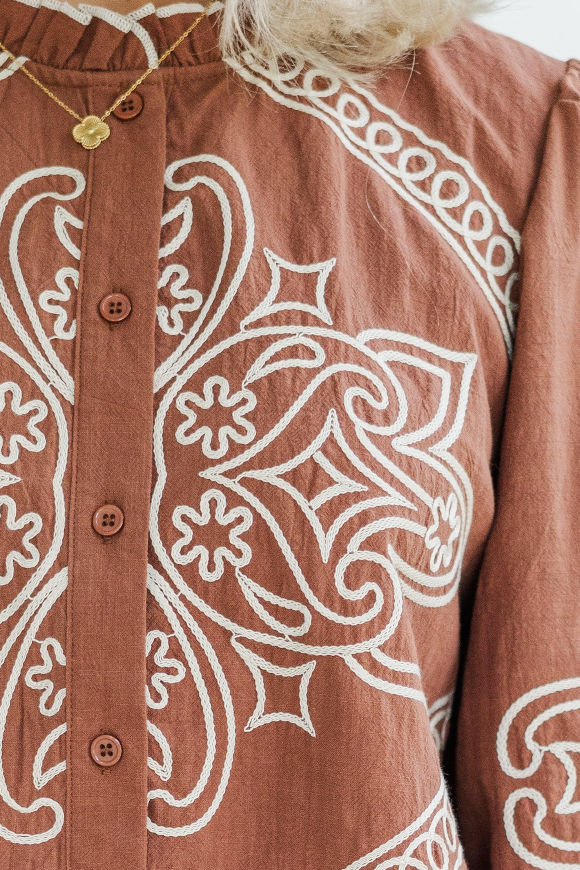 Western Discovories Mocha Brown Embroidered Blouse Product Image