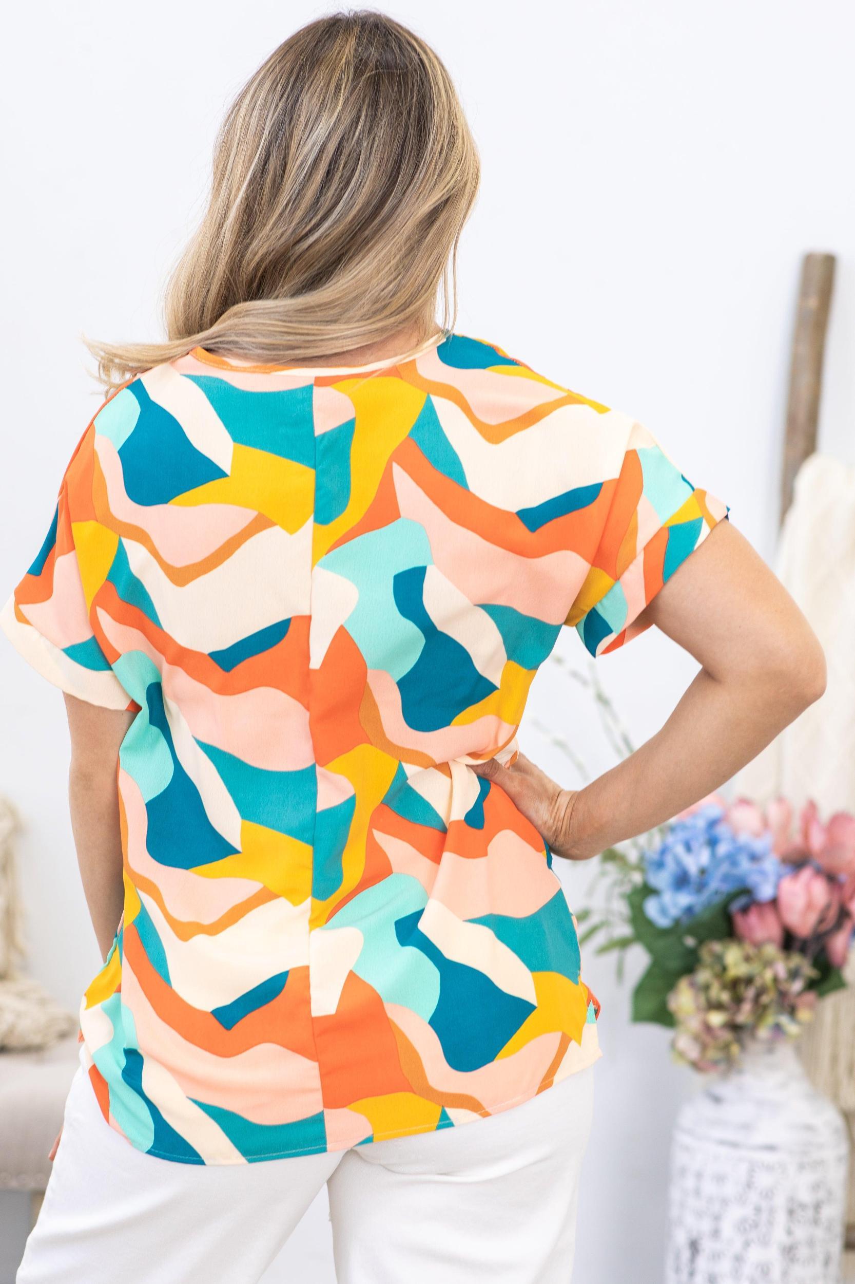 Teal Vibrant Multicolor Abstract Woven Top Product Image