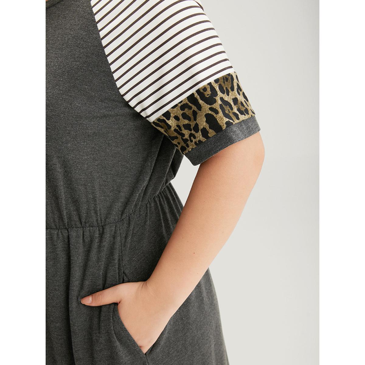 Plus Size Supersoft Essentials Leopard Striped Patchwork Raglan Sleeve Dress DimGray Women Casual Gathered Round Neck Short sleeve Curvy Midi Dress BloomChic 14-16/1X Product Image