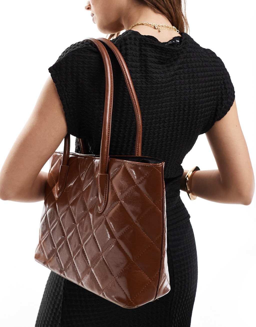 Glamorous large quilted shoulder bag in brown  Product Image
