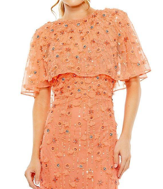 Mac Duggal Beaded Floral Illusion Short Cape Sleeve Sheath Gown Product Image