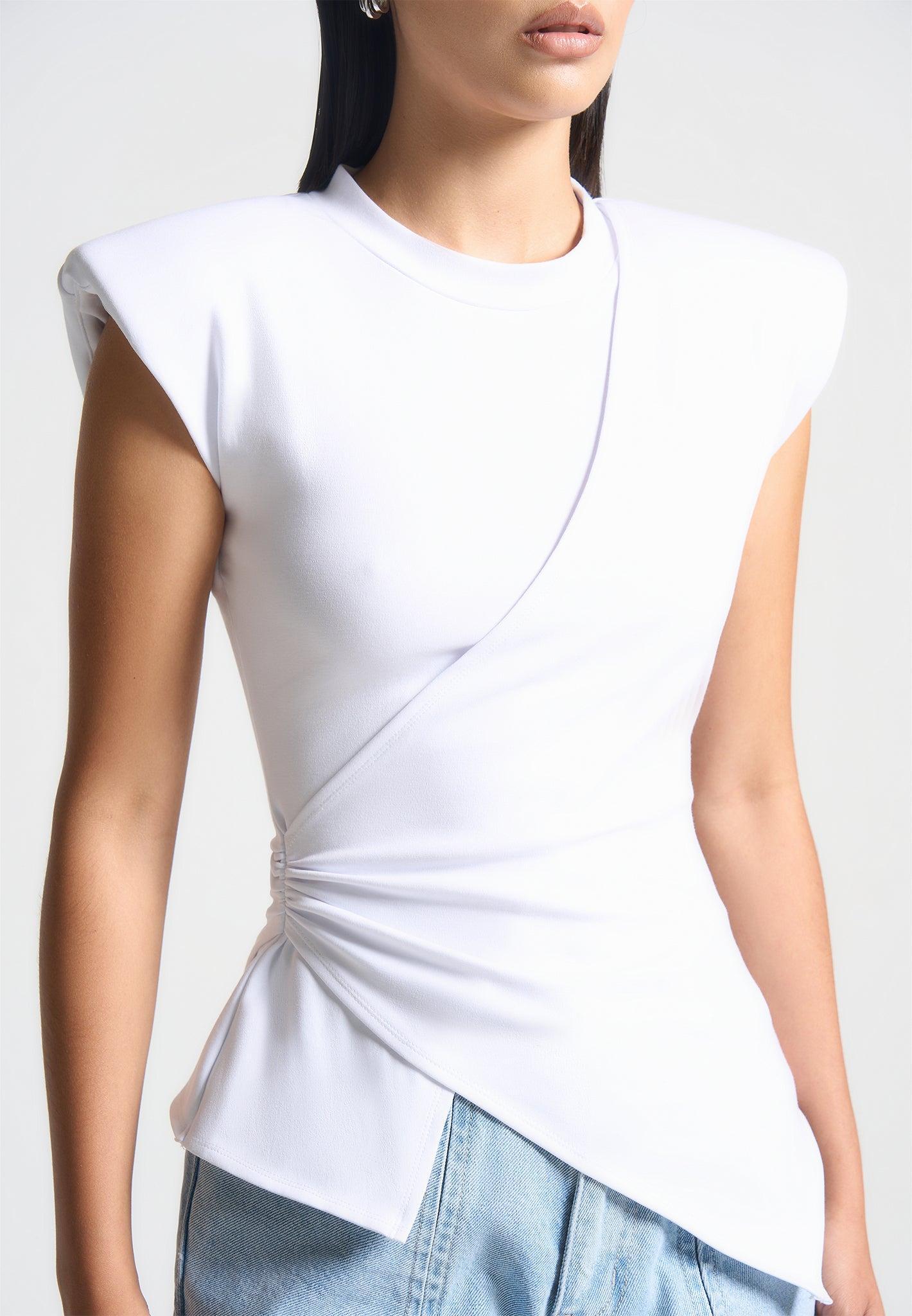 Wide Shoulder Ruched Waist Top - White Female Product Image