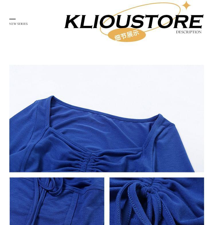 Bell Sleeve Square-Neck Plain Drawstring Slim-Fit Crop Top Product Image