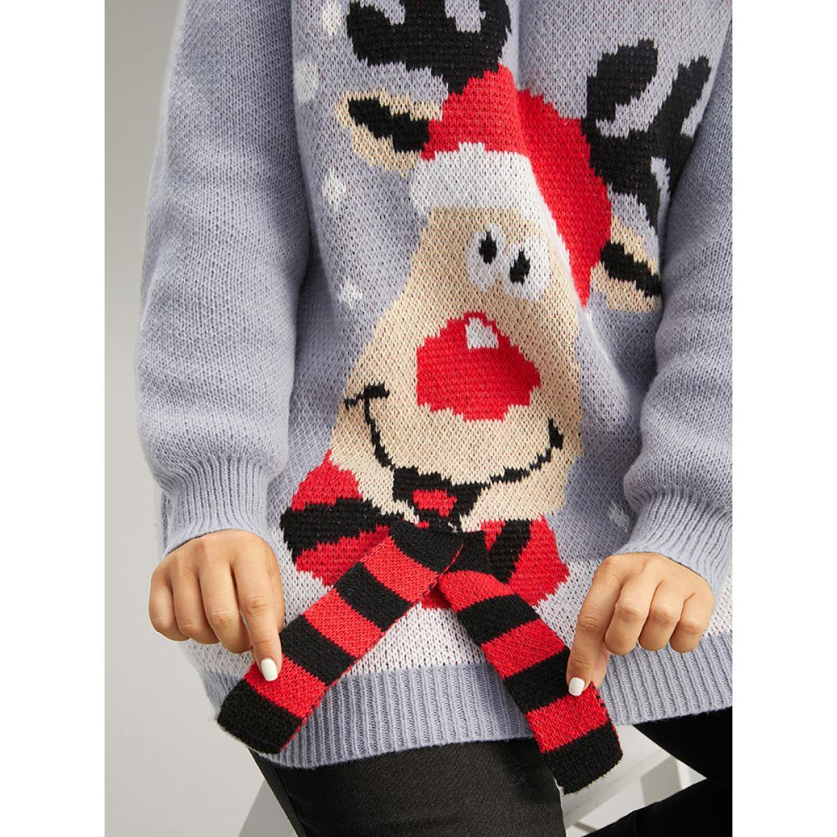 Plus Size Christmas Elk Crew Neck Elastic Cuffs Pullover DarkGray Women Casual Loose Long Sleeve Round Neck Festival-Christmas Pullovers BloomChic 30/6X Product Image