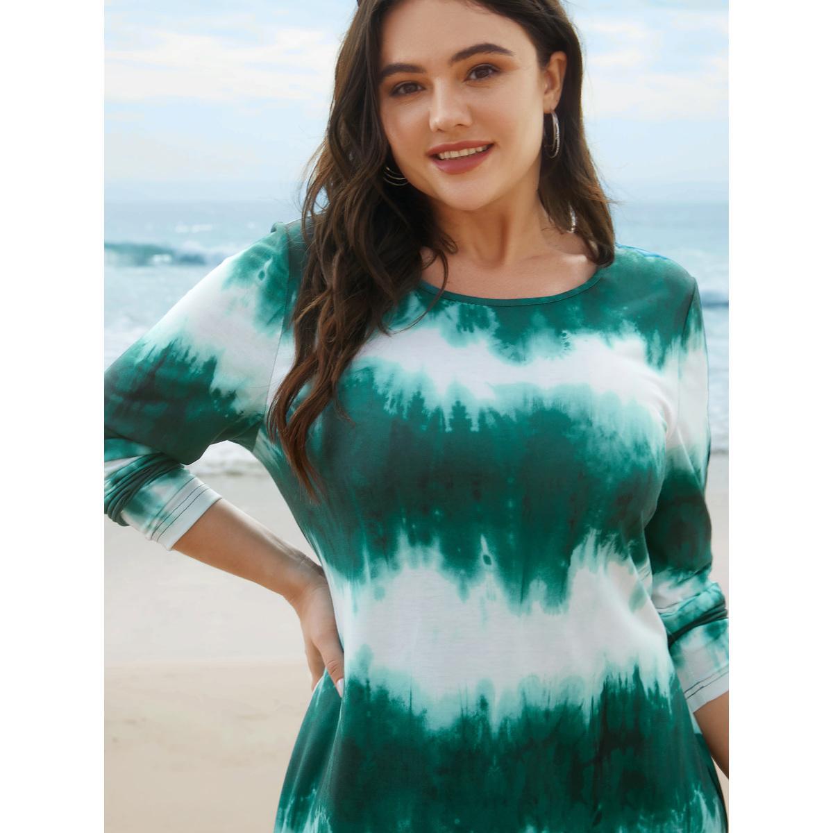 Plus Size Tie-Dye Round Neck Midi Knit Dress Teal Women Casual Non Knit Dresses Bloomchic 22-24/3X Product Image