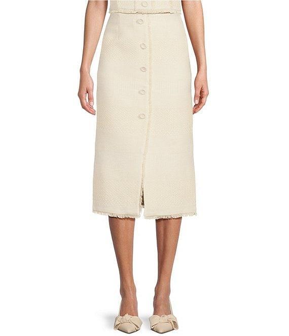 Murielle Tweed Midi Front Slit Frayed Edge Coordinating Pencil Skirt Product Image