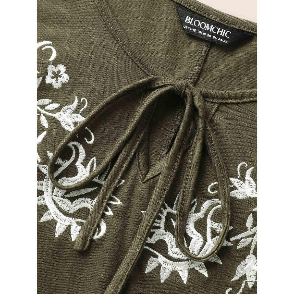 Plus Size Floral Embroidered Tie Knot Dolman Sleeve T-shirt ArmyGreen Women Resort Tie knot Art&design V-neck Vacation T-shirts BloomChic 18-20/2X Product Image
