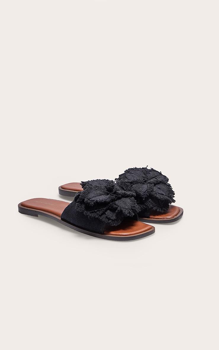 Black Linen Round Toe Flower Strap Mule Sandals Product Image