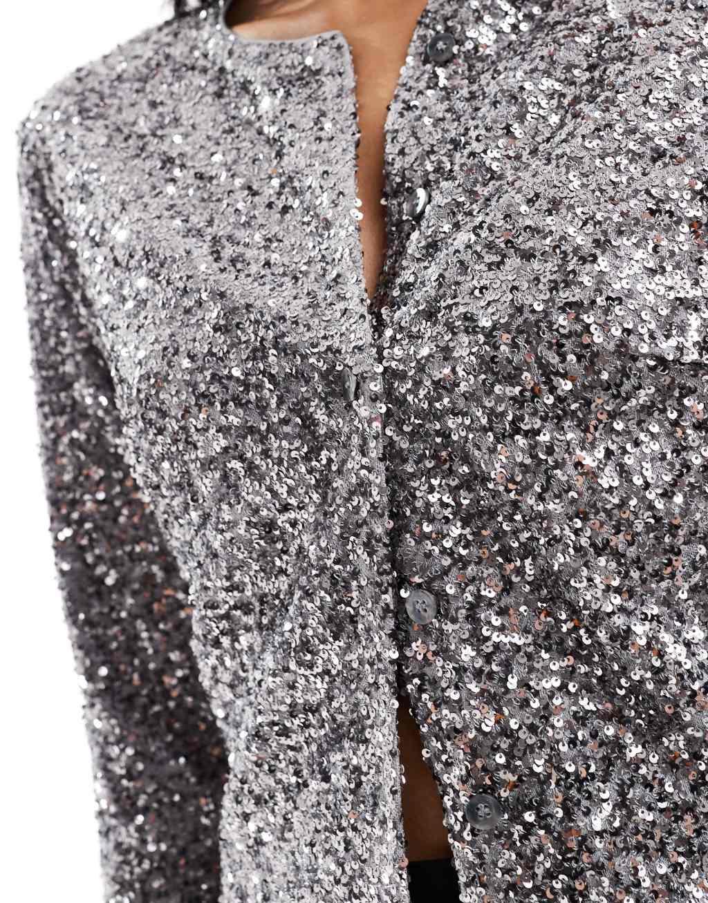 Never Fully Dressed sequin knit cardigan in gunmetal Product Image