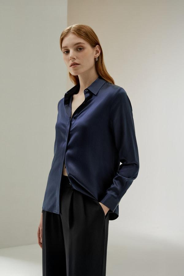 Basic Concealed Placket Silk Shirt Product Image