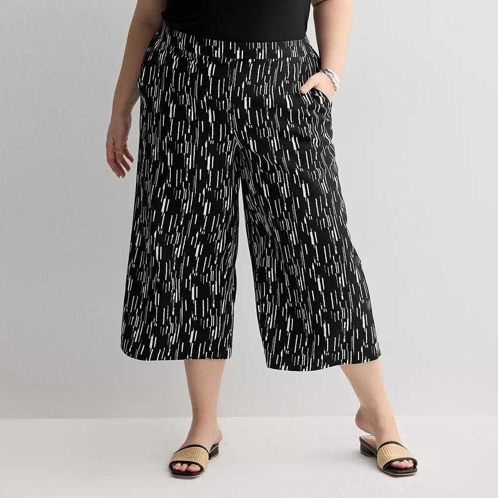 Plus Size Nine West Pull-On Flowy Wide Leg Cropped Pants, Women's, Size: 0X, Black Bolder Stripes Product Image
