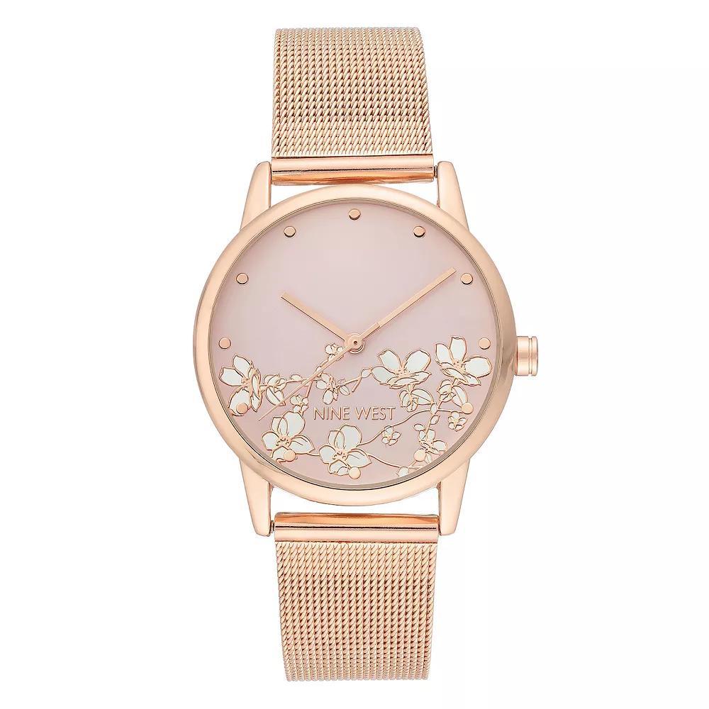 Nine West Womens Stainless Steel Mesh Bracelet Watch with Flower Dial Rose Gold Tone Product Image
