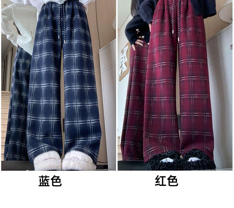 Drawstring Waist Plaid Fleece-Lined Wide Leg Pants Product Image