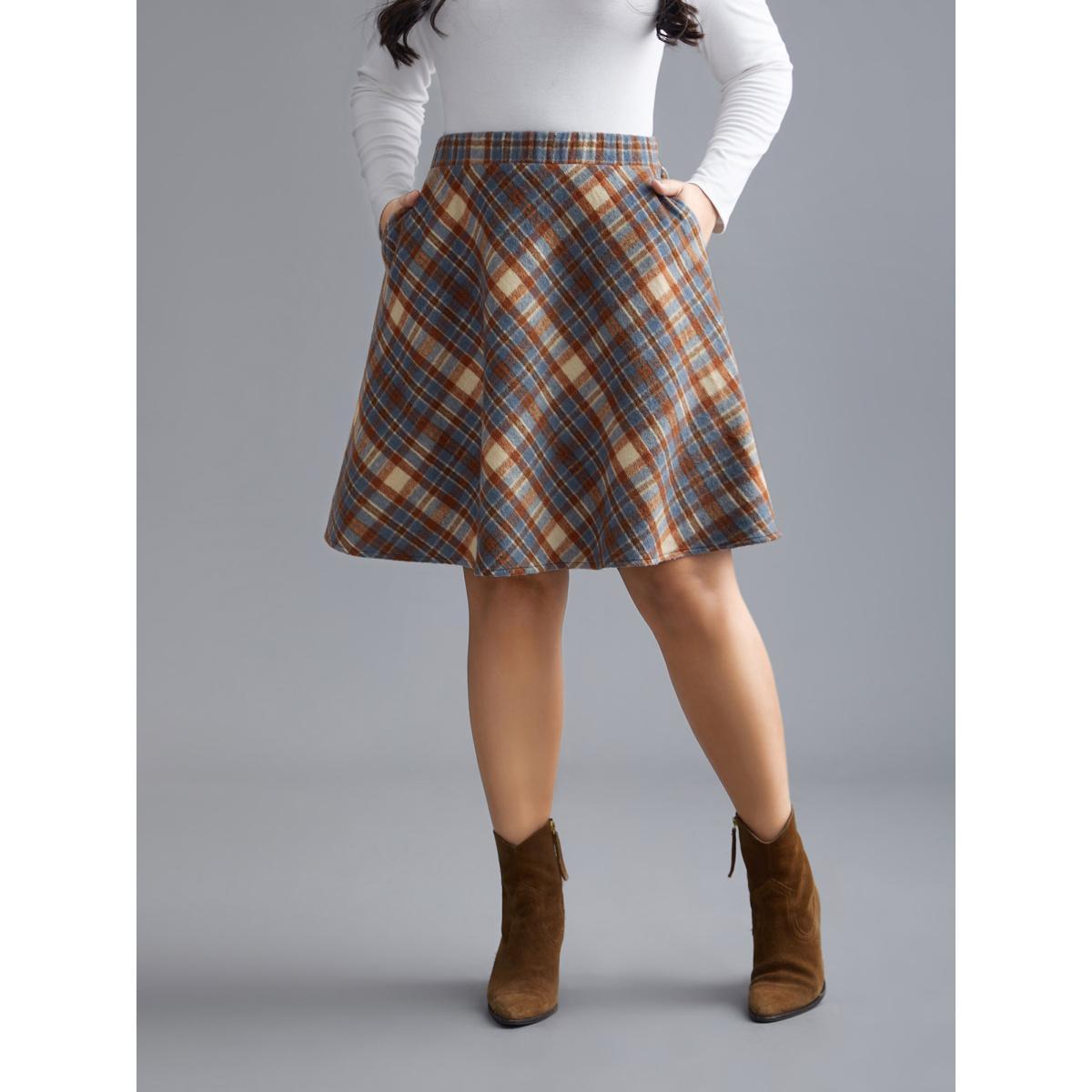 Plus Size Plaid Pattern Elastic Waist A-line Mini Skirt Women LightBlue Elegant Low stretch Slanted pocket Everyday Skirts BloomChic 30/6X Product Image