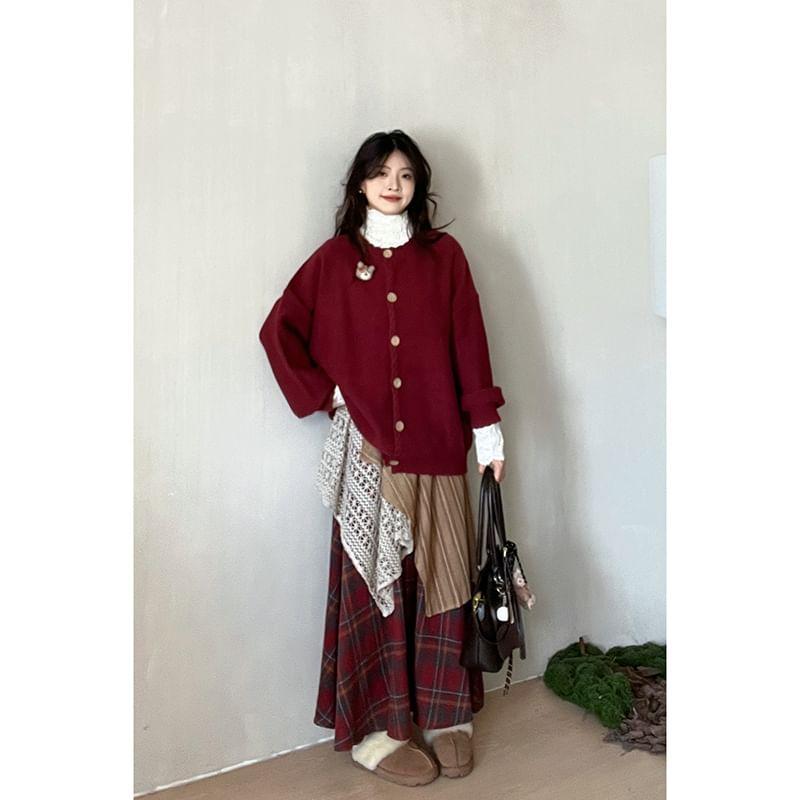 Crew Neck Cartoon Accent Button-Up Cardigan / Plaid Asymmetrical Lace Panel Layered Maxi A-Line Skirt Product Image