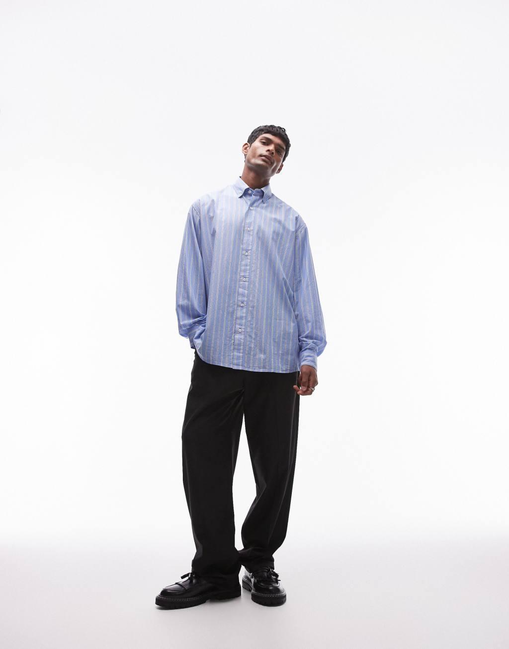 Topman long sleeve oversized blue striped shirt Product Image