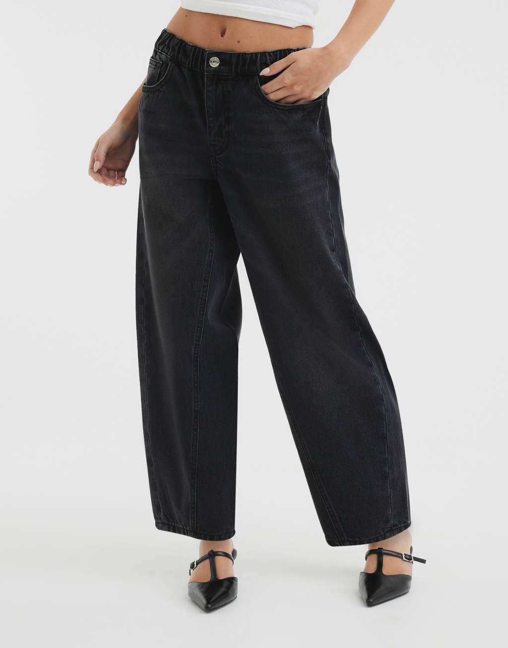 River Island elasticized barrel leg jeans in black Product Image