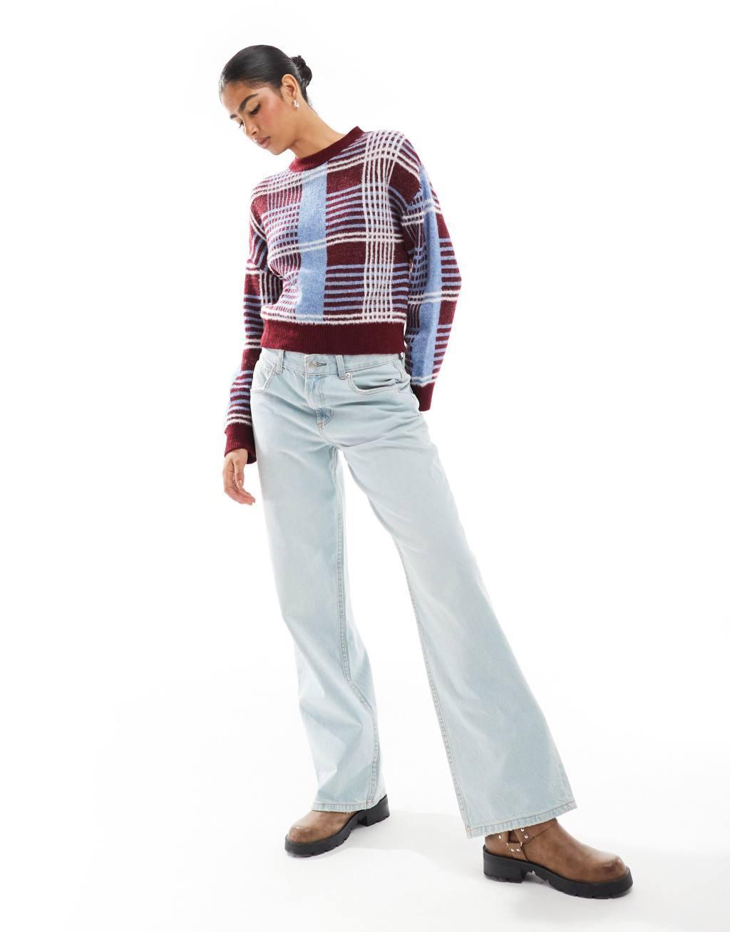 Pull&Bear plaid print knit sweater in blue and burgundy Product Image