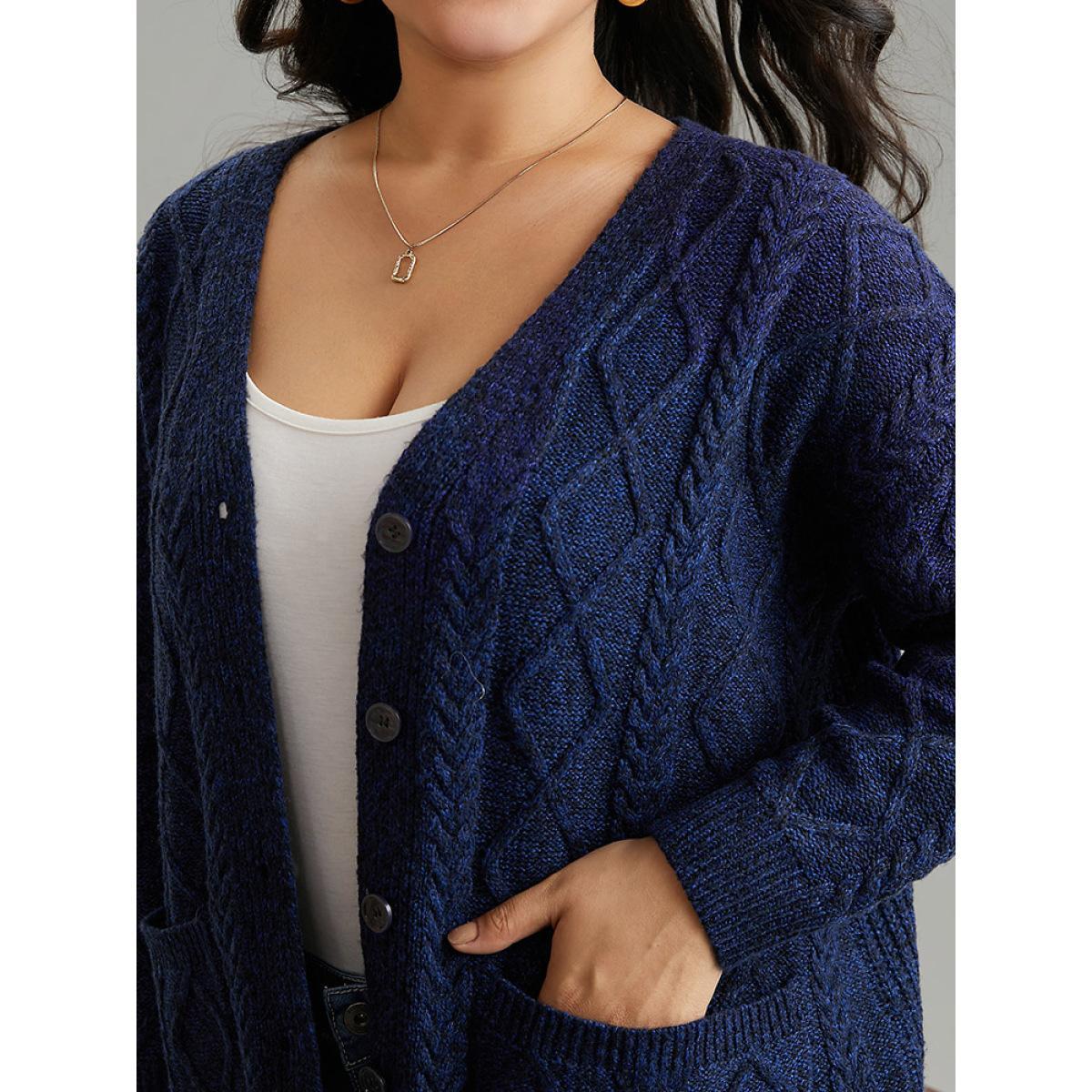 Plus Size Plain Geometric Texture Button Up Cable Knit Cardigan Midnight Women Casual Loose Long Sleeve Dailywear Cardigans BloomChic 30/6X Product Image