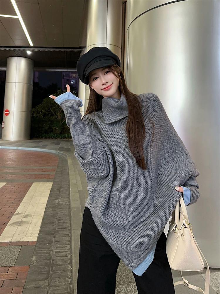 Turtleneck Batwing Sleeve Drop Shoulder Sweater / Mid Waist Flared Jeans Product Image